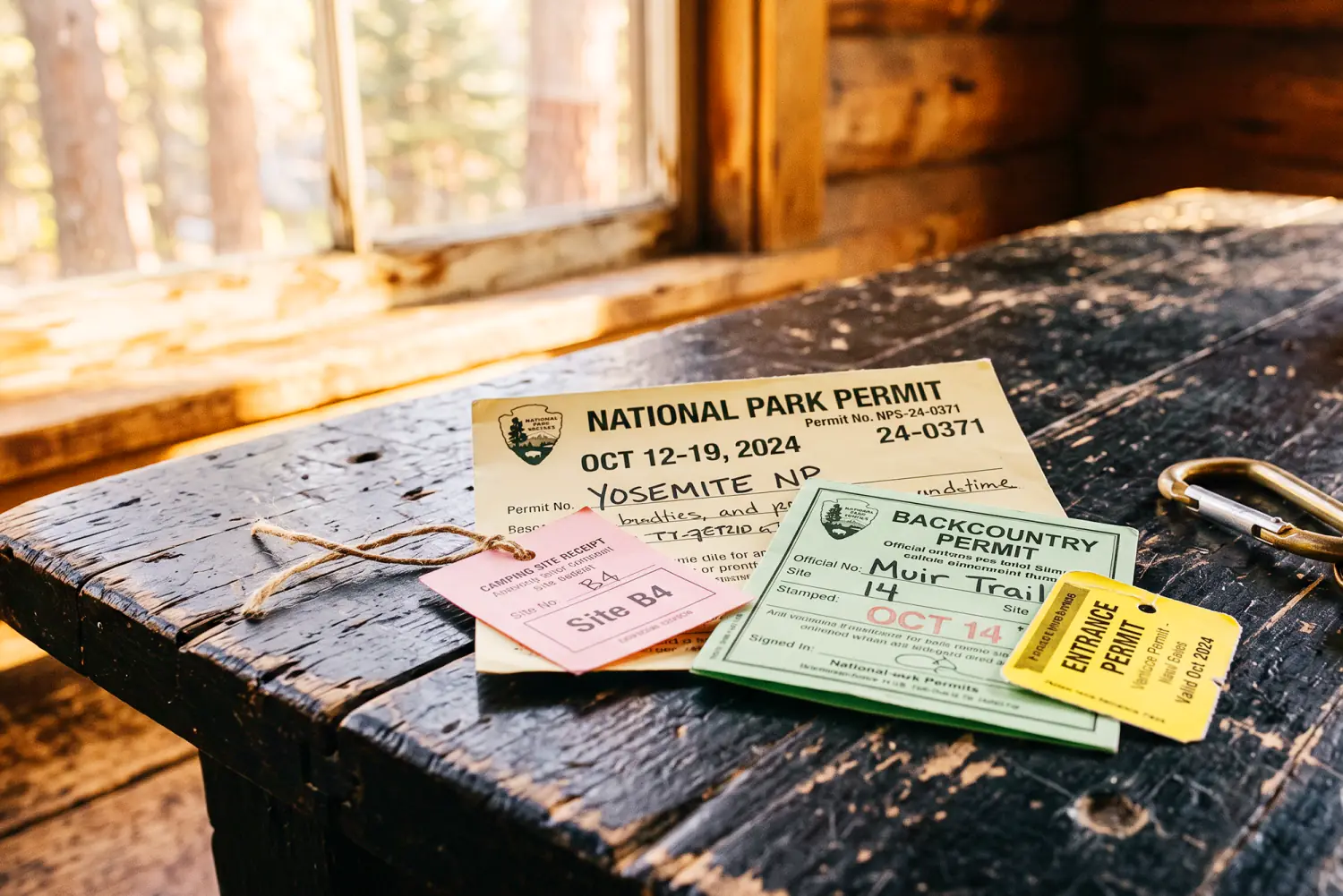 A set of hiking, camping and day-use permits sitting on a worn table.