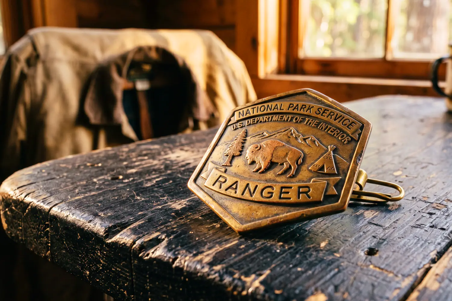A brass National Park Service ranger badge resting on a weathered wooden cabin table, lit by warm light from a window behind.