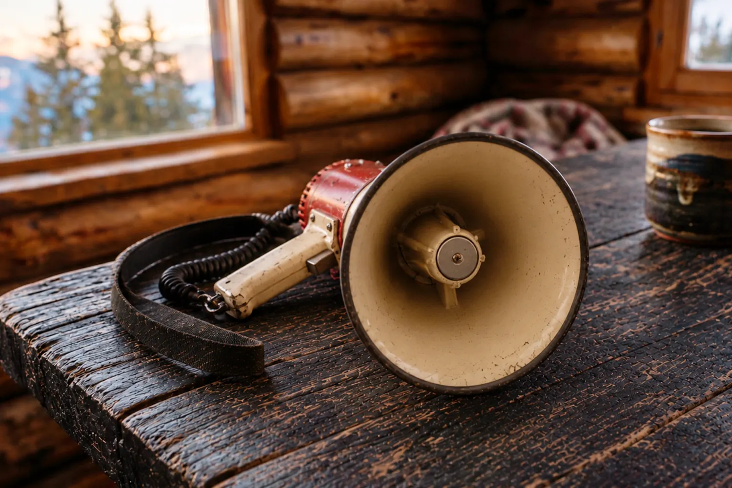 A worn red-and-cream megaphone lying on a rough wooden table in a log cabin, with pine trees and mountains through the window.
