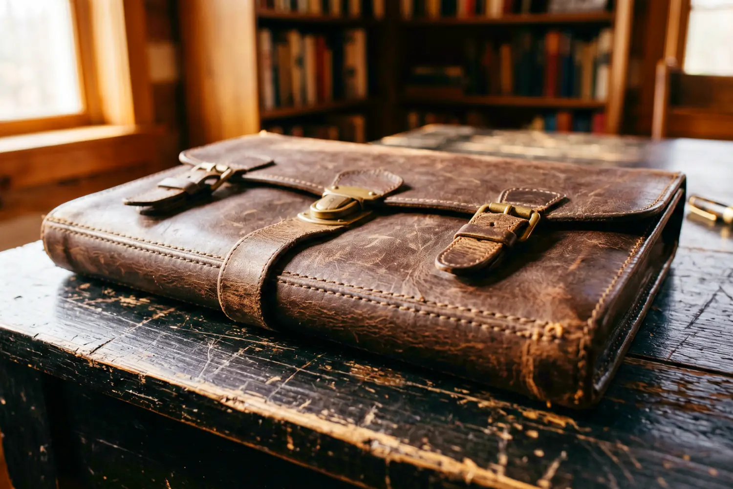 A worn leather portfolio case with buckle straps resting on a wooden desk, a bookshelf softly blurred behind it in warm window light.
