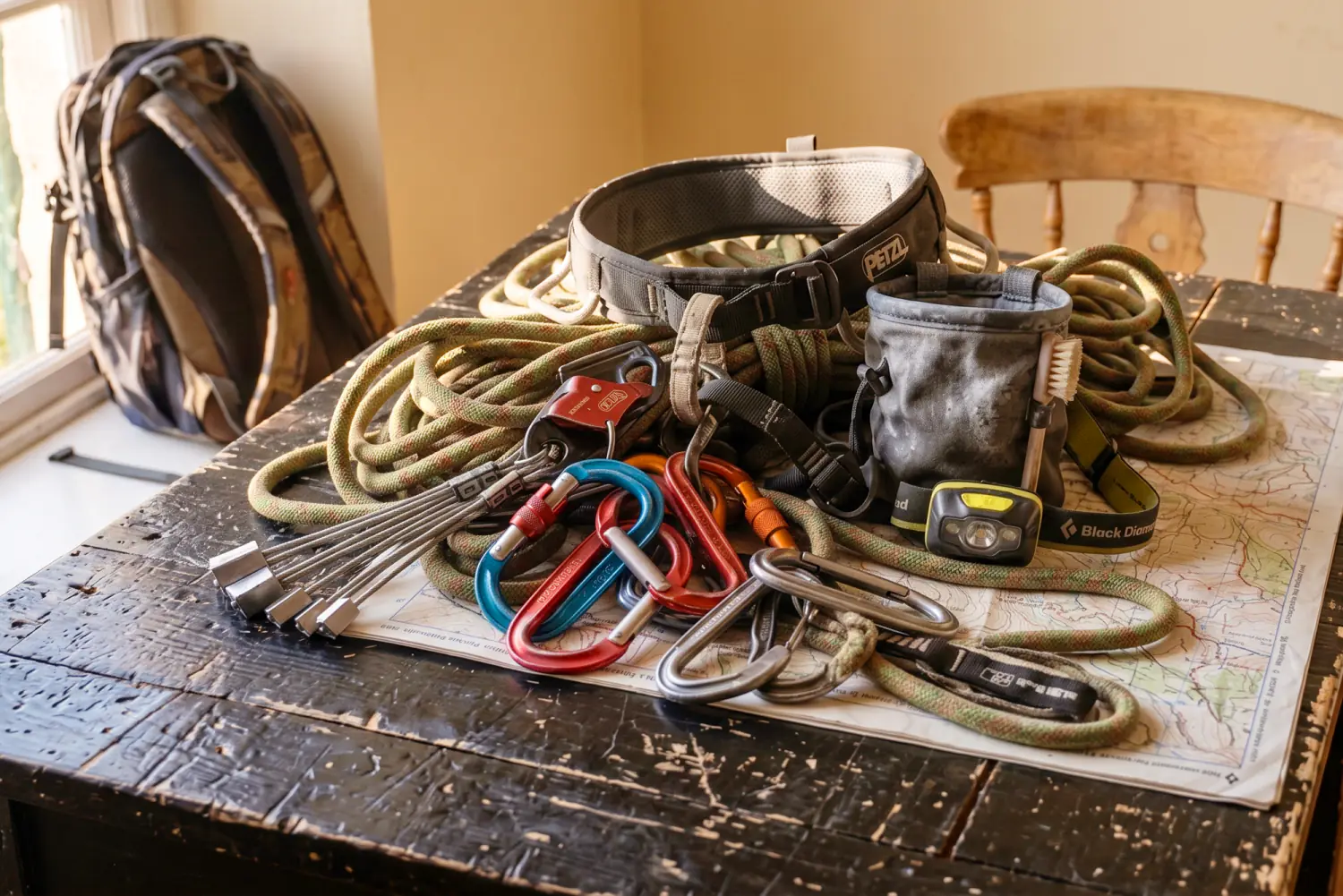 Climbing and mountaineering gear — coiled ropes, carabiners, a harness, a chalk bag, and a headlamp — laid out on a topographic map atop a weathered dark wooden table.